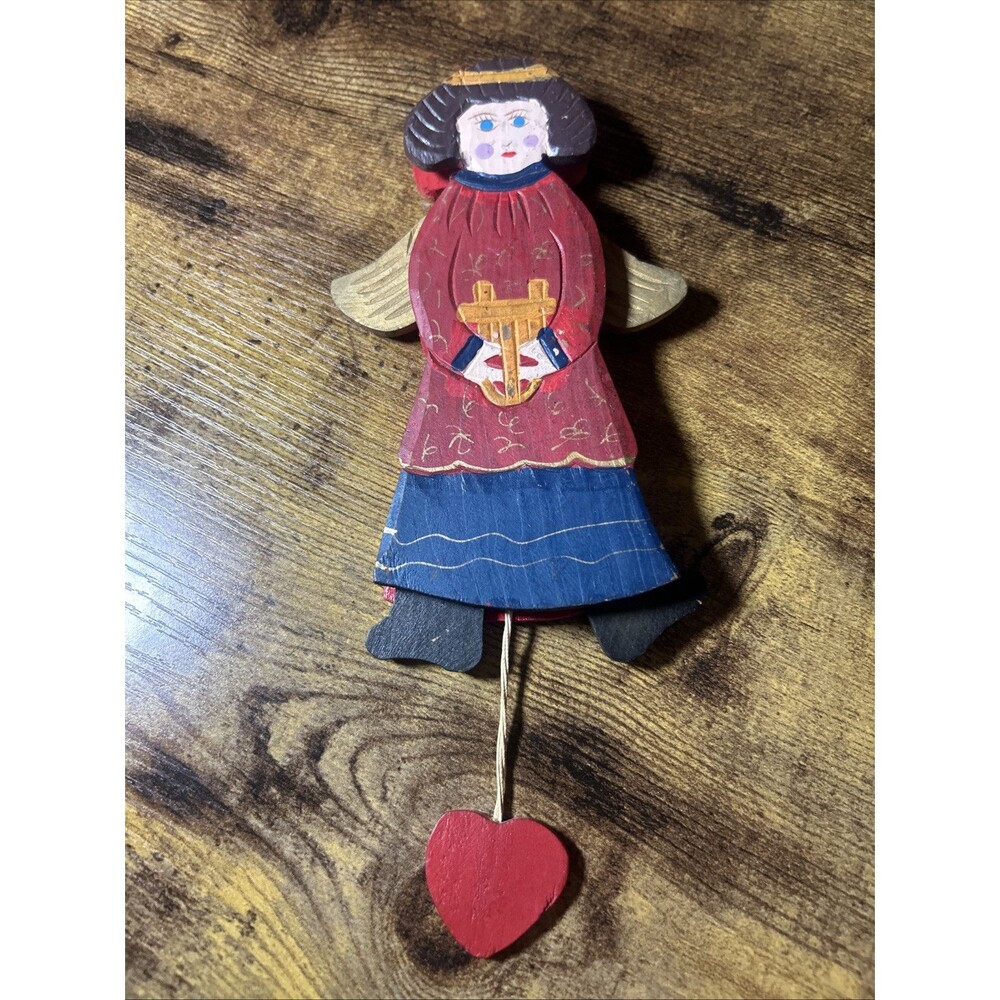 Angel Wooden Christmas Vintage Ornament W/ Harp Heart String Wings Brown Hair - Picture 4 of 10